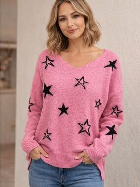 128. Cozy Pink Star V-Neck Sweater